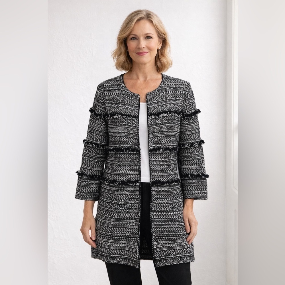 NIC+ZOE Black & White Tweed Striped Cardigan Jacket S Fringe Coatagian Modest